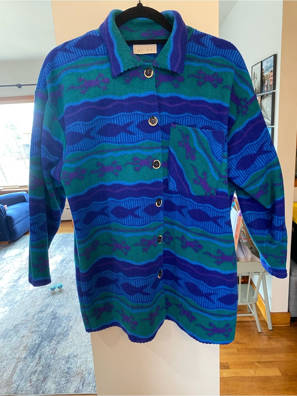 Vintage Blue & Green Patterned Button-Down Shirt Jacket